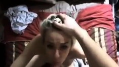 Skinny blonde with hot body swallows cum